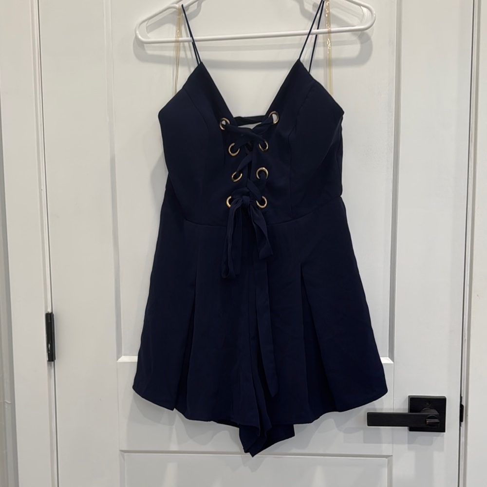 Entry Navy Blue Wide Shorts Romper with Lace-Up Front